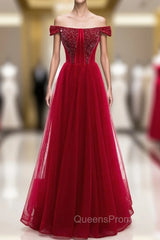 Burgundy Tulle Off the Shoulder Beading Evening Prom Dress