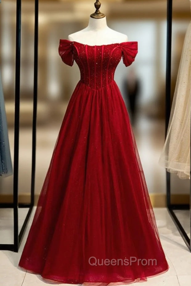 Burgundy Tulle Off the Shoulder Beading Sequins Evening Prom Dress