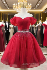 Burgundy Tulle Off the Shoulder Pleats Beading Homecoming Dress