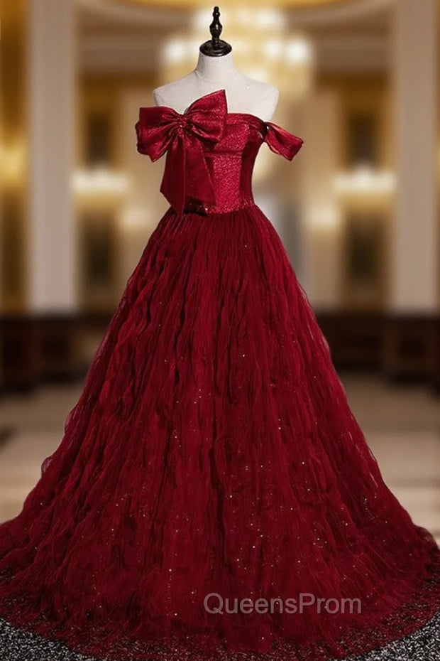 Burgundy Tulle Off the Shoulder Pleats Bow Evening Prom Dress Main image