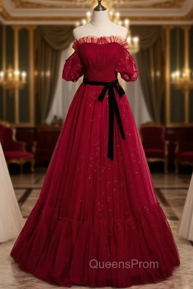 Burgundy Tulle Off the Shoulder Pleats Puff Sleeve Evening Prom Dress