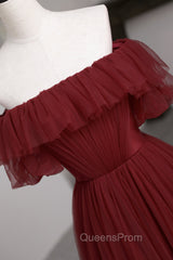Burgundy Tulle Off the Shoulder Evening Prom Dress, Long A-Line Evening Dress
