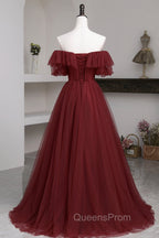 Burgundy Tulle Off the Shoulder Evening Prom Dress, Long A-Line Evening Dress
