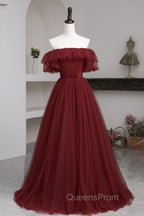 Burgundy Tulle Off the Shoulder Evening Prom Dress, Long A-Line Evening Dress