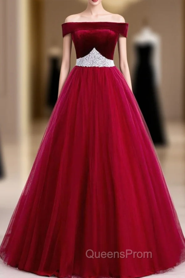 Burgundy Tulle Off the Shoulder Evening Prom Dress With Pearls 2020