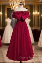 Burgundy Tulle Off the Shoulder Evening Prom Dress