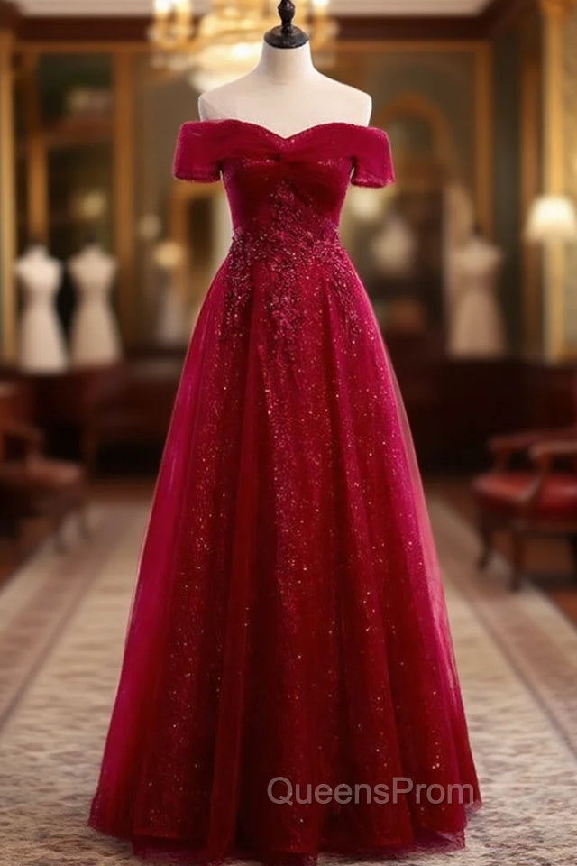 Burgundy Tulle Off the Shoulder Sequins Beading Evening Prom Dress