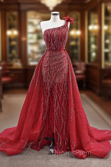 Burgundy Tulle One Shoulder Beading Evening Prom Dress