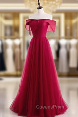 Burgundy Tulle Pearls Off the Shoulder Evening Prom Dress