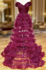 Burgundy Tulle Pleats Off the Shoulder Evening Prom Dress
