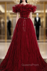 Burgundy Tulle Pleats Off the Shoulder Evening Prom Dress