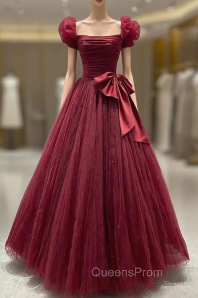 Burgundy Tulle Pleats Evening Prom Dress
