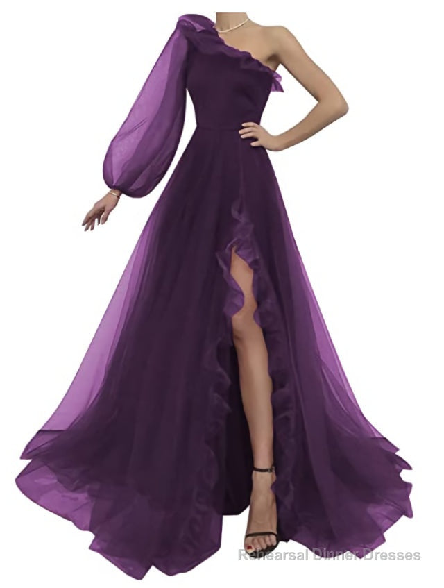 Burgundy tulle prom dress one shoulder evening dress Secondary image