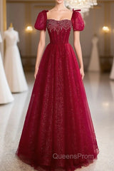 Burgundy Tulle Puff Sleeve Beading Evening Prom Dress