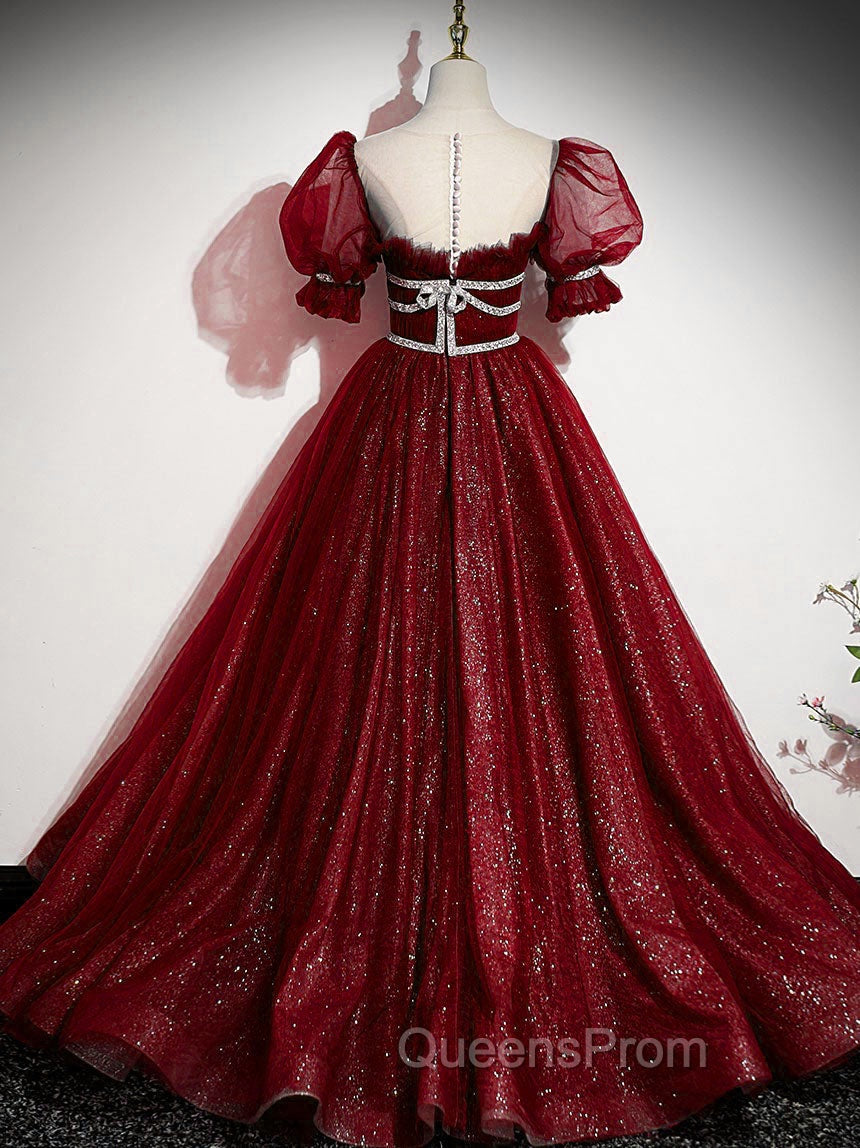 Burgundy Tulle Sequin Long Evening Prom Dress, Burgundy Evening Dress