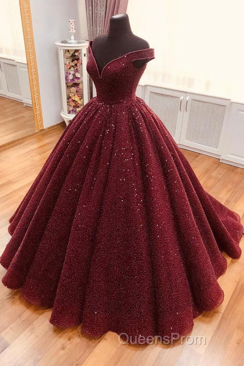 Burgundy tulle sequin long Evening Prom Dress, burgundy long evening Dress Secondary image