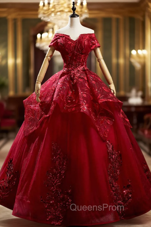 Burgundy Tulle Sequins Appliques Beading Quinceanera Dress