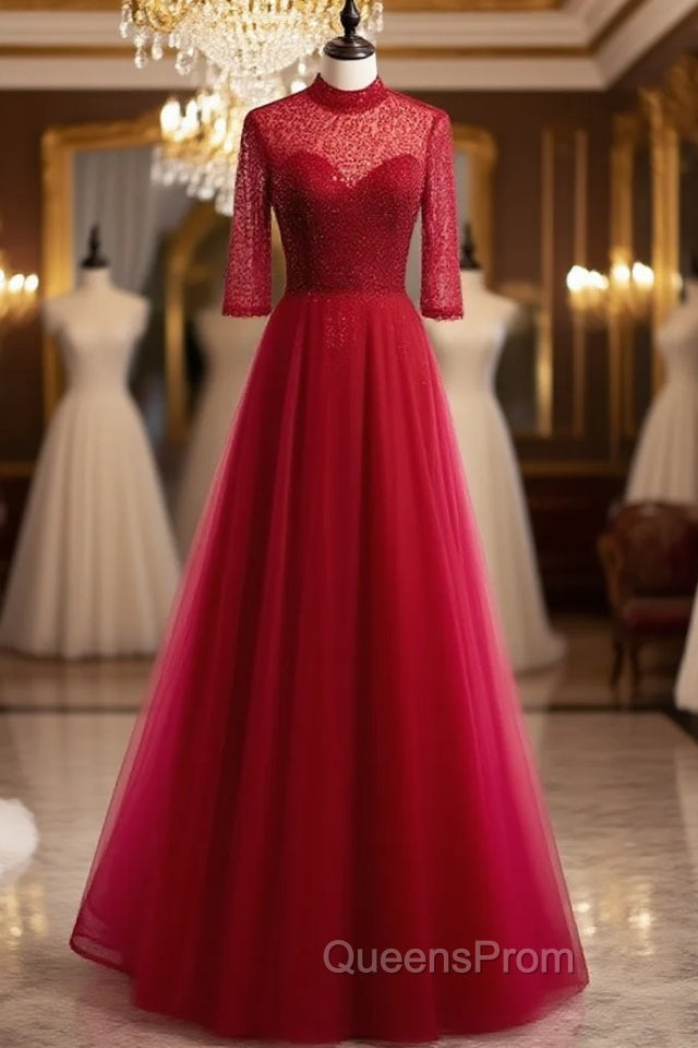 Burgundy Tulle Sequins Backless Short Sleeve Evening Prom Dress