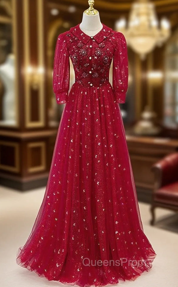 Burgundy Tulle Sequins Beading Short Sleeve Evening Prom Dress Main image