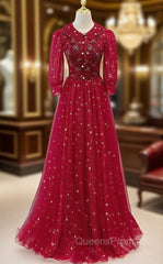 Burgundy Tulle Sequins Beading Short Sleeve Evening Prom Dress