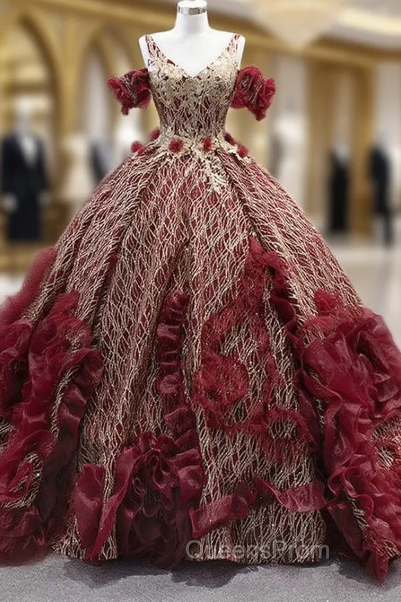 Burgundy Tulle Sequins Flower V-neck Evening Prom Dress