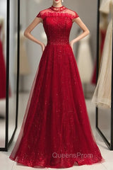 Burgundy Tulle Sequins High Neck Cap Sleeve Evening Prom Dress