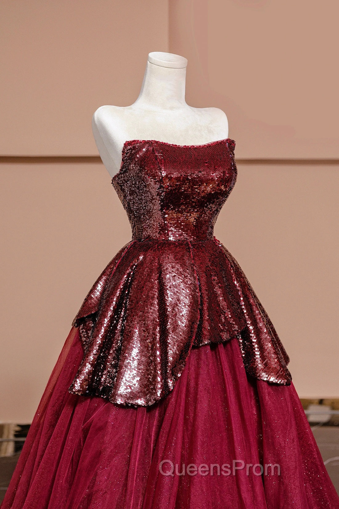 Burgundy Tulle Sequins Long Evening Prom Dress, A-Line Strapless Evening Party Dress Secondary image