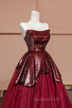 Burgundy Tulle Sequins Long Evening Prom Dress, A-Line Strapless Evening Party Dress