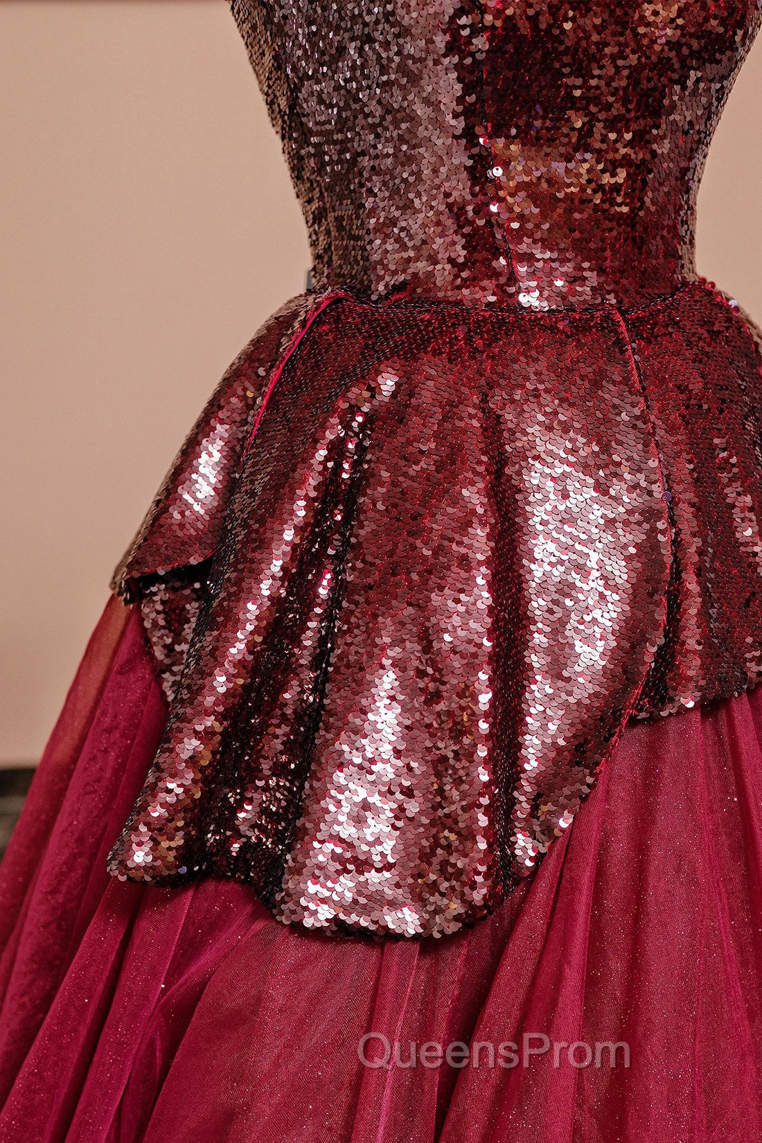 Burgundy Tulle Sequins Long Evening Prom Dress, A-Line Strapless Evening Party Dress