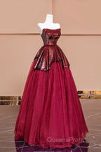 Burgundy Tulle Sequins Long Evening Prom Dress, A-Line Strapless Evening Party Dress