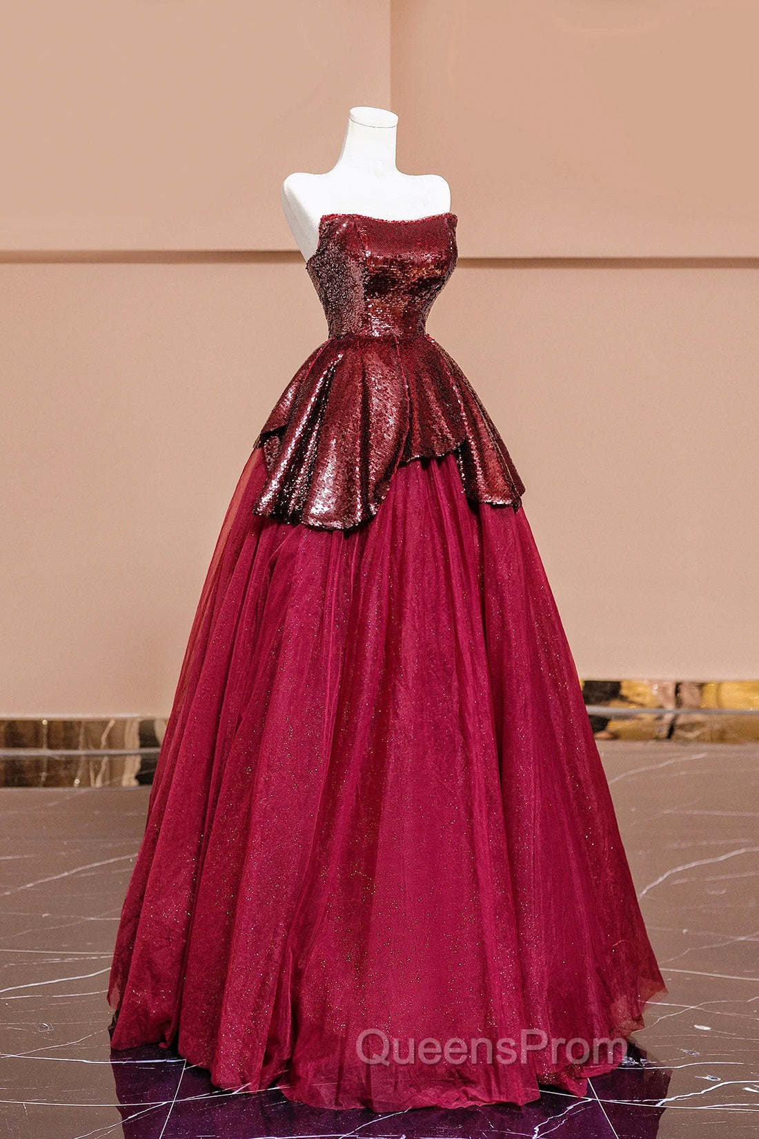 Burgundy Tulle Sequins Long Evening Prom Dress, A-Line Strapless Evening Party Dress