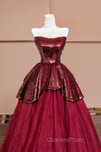 Burgundy Tulle Sequins Long Evening Prom Dress, A-Line Strapless Evening Party Dress