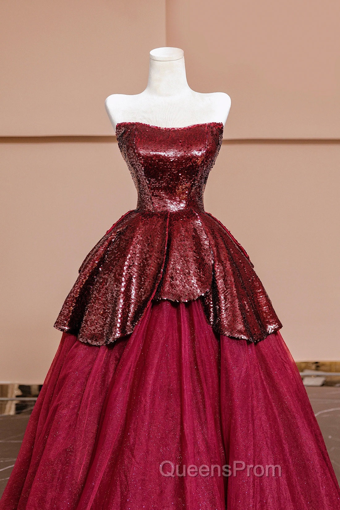 Burgundy Tulle Sequins Long Evening Prom Dress, A-Line Strapless Evening Party Dress