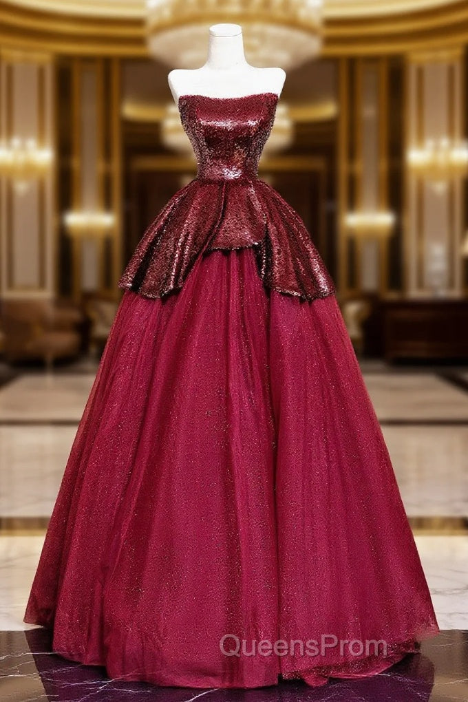 Burgundy Tulle Sequins Long Evening Prom Dress, A-Line Strapless Evening Party Dress Main image