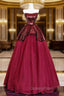 Burgundy Tulle Sequins Long Evening Prom Dress, A-Line Strapless Evening Party Dress