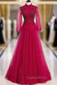 Burgundy Tulle Sequins Long Sleeve High Neck Beading Evening Prom Dress
