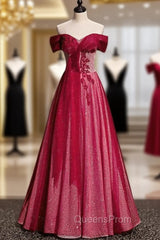 Burgundy Tulle Sequins Off the Shoulder Beading Pleats Evening Prom Dress