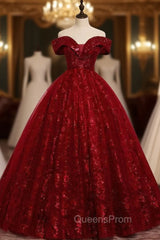 Burgundy Tulle Sequins Off the Shoulder Quinceanera Dress