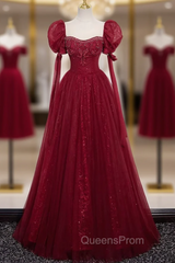 Burgundy Tulle Sequins Puff Sleeve Beading Evening Prom Dress