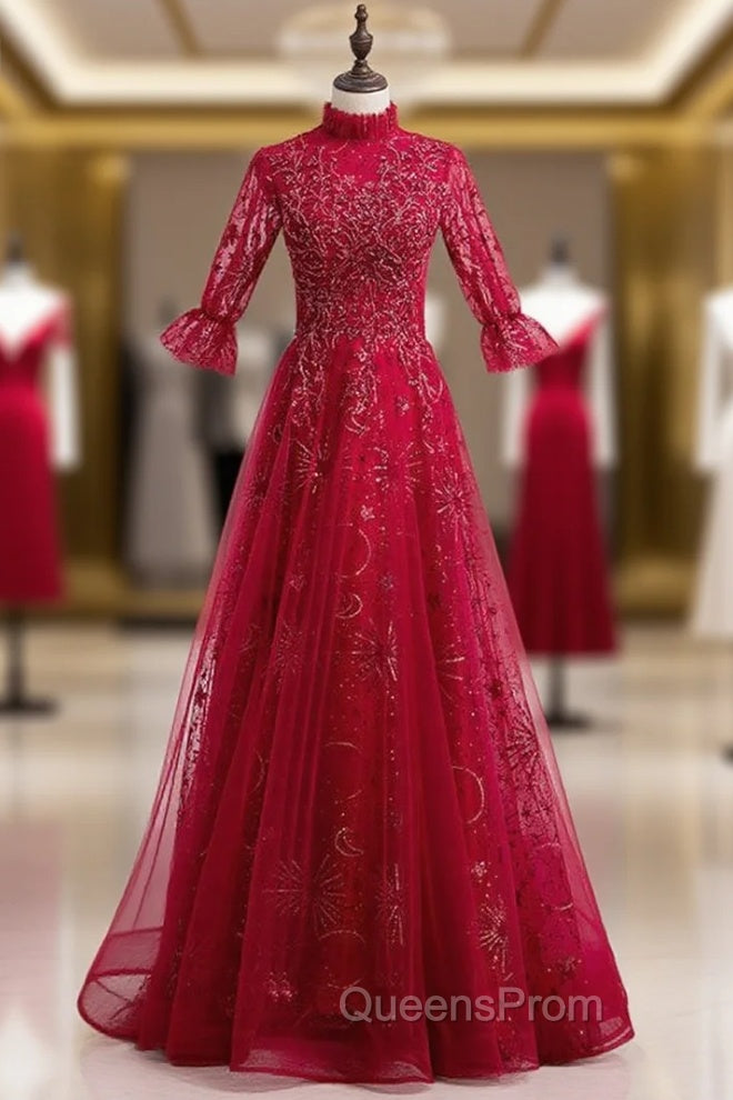 Burgundy Tulle Sequins Short Sleeve Beading Evening Prom Dress Main image