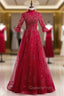 Burgundy Tulle Sequins Short Sleeve Beading Evening Prom Dress