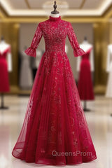 Burgundy Tulle Sequins Short Sleeve Beading Evening Prom Dress