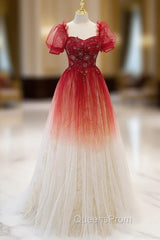 Burgundy Tulle Sequins Short Sleeve Square Beading Evening Prom Dress