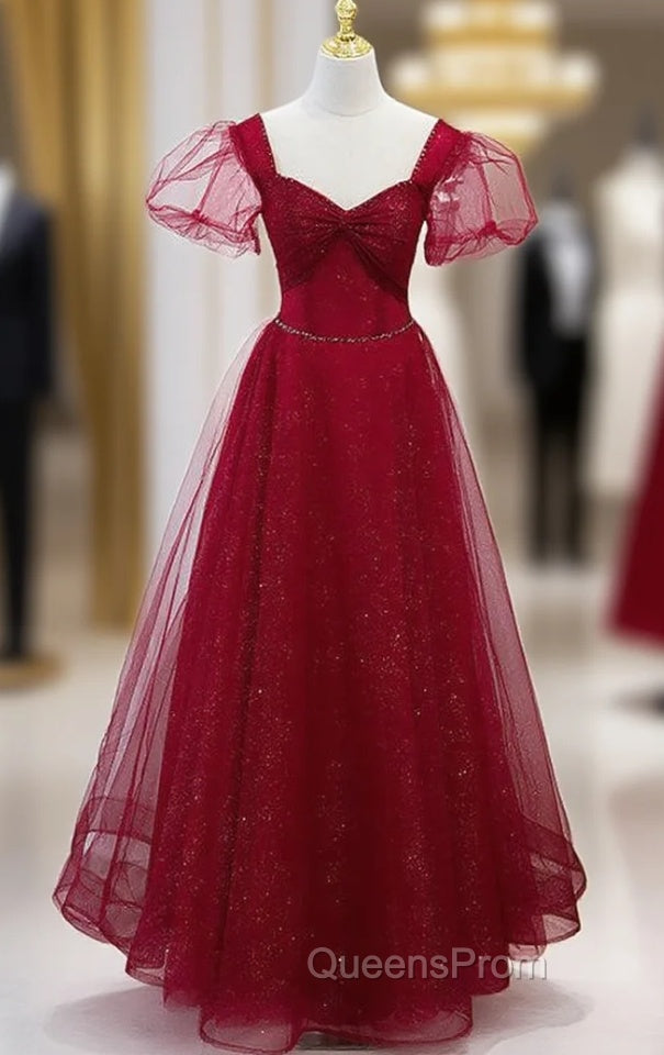 Burgundy Tulle Sequins Square Beading Evening Prom Dress