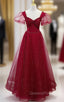Burgundy Tulle Sequins Square Beading Evening Prom Dress