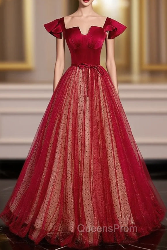 Burgundy Tulle Sequins Square Evening Prom Dress