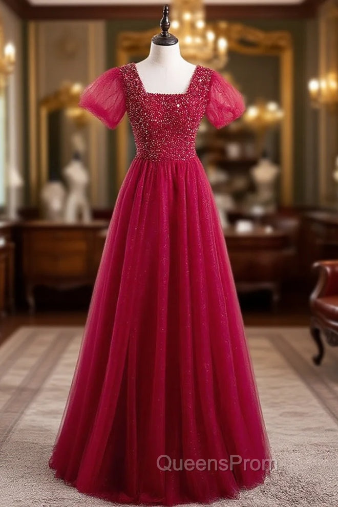 Burgundy Tulle Sequins Square Short Sleeve Evening Prom Dress Main image