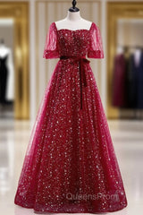 Burgundy Tulle Sequins Square Short Sleeve Evening Prom Dress
