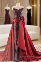 Burgundy Tulle Sequins Strapless Evening Prom Dress