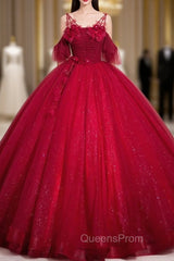 Burgundy Tulle Sequins Straps Flower Quinceanera Dress